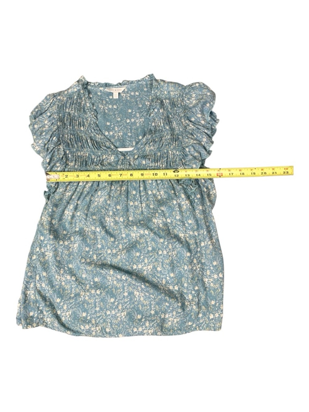 Lucky Brand Teal Boho Floral Smocked V-Neck Top‎ Peasant Blouse Coquette Large - Picture 8 of 11
